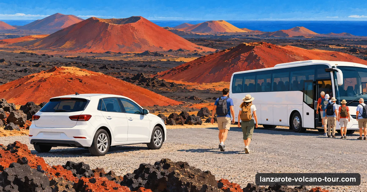 Illustration of a small rental car parked beside a park coach at a stop among rust-red volcanic cones under a blue sky