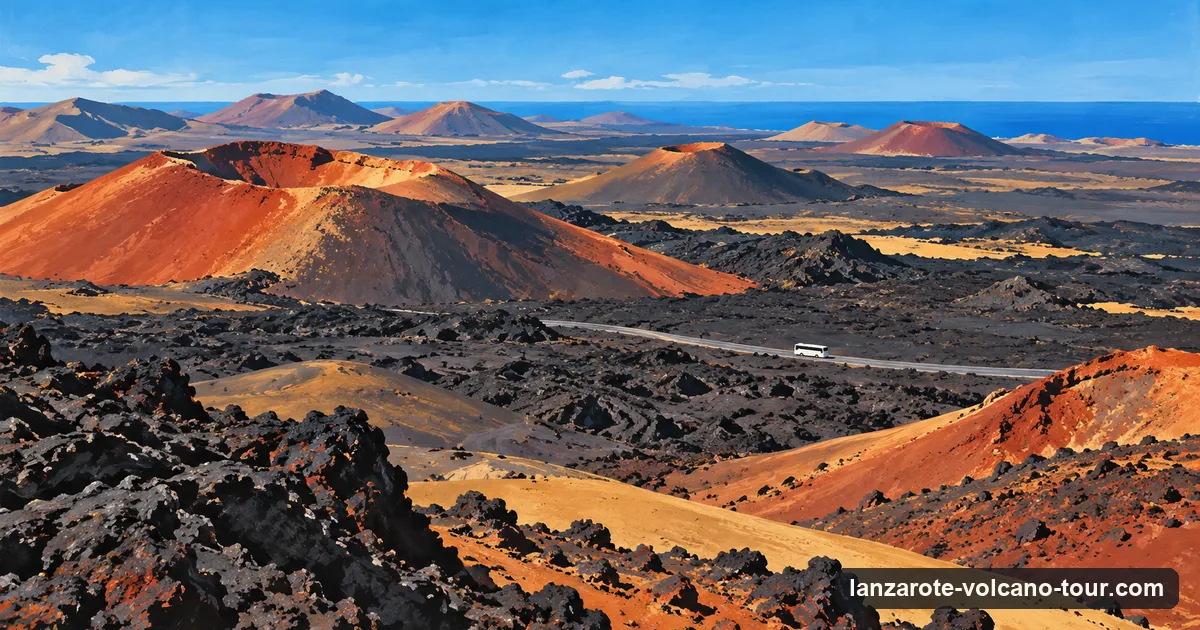 Illustration of a vast field of black lava and rust-red volcanic cones in Timanfaya under a clear sky, with a tiny coach on the road