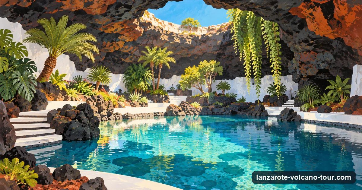 Illustration of a cave garden with a still pool under a natural rock opening, white walls and palms, in the style of Jameos del Agua
