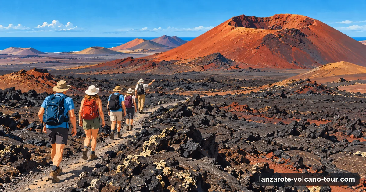 Illustration of a small group of hikers with a guide walking a path across black lava fields toward a red volcanic cone on Lanzarote