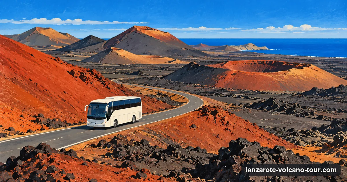 Illustration of a tour coach on a narrow road winding between red and black volcanic cones in Timanfaya National Park, Lanzarote