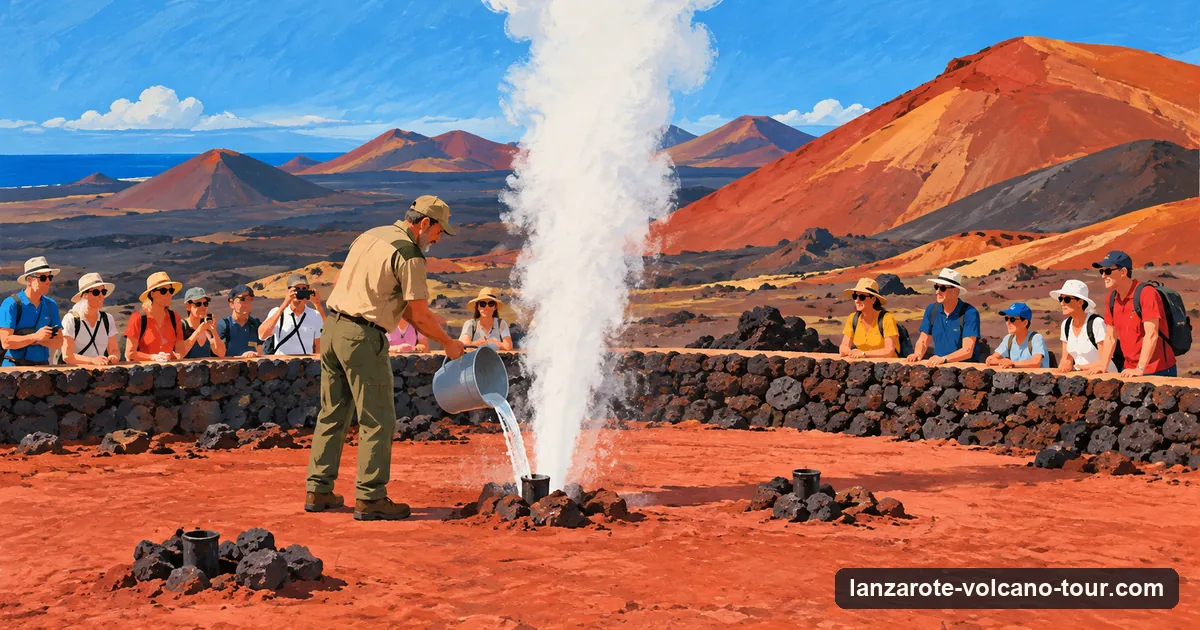 Illustration of a guide pouring water into a hole in volcanic ground and a jet of steam rising, with red volcanic hills behind