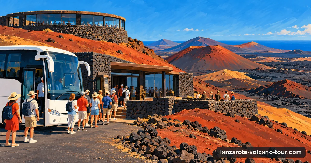 Illustration of visitors queuing beside a white tour coach at the Islote de Hilario stop among red volcanic hills in Timanfaya